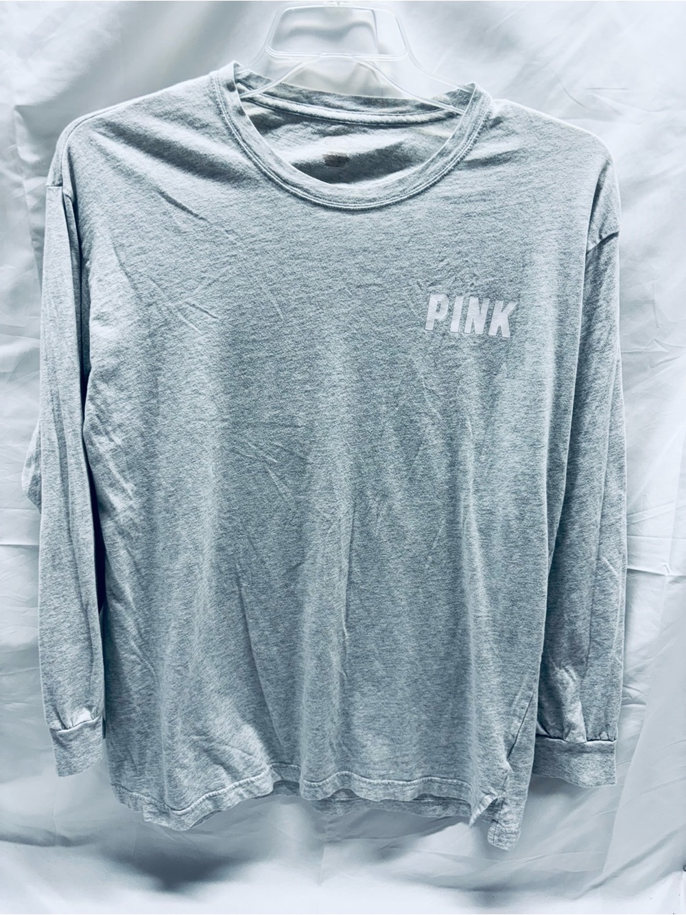 Victoria's Secret PINK Cotton Round Neck Long Sleeve Campus T-Shirt Gray Sz L